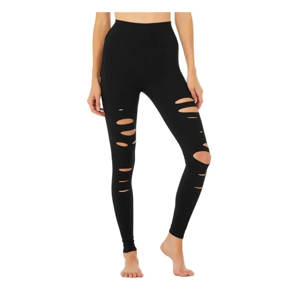 Alo Yoga High Waist Ripped Warrior Black Leggings-sz Small